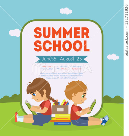 Summer School Banner Template with Cute Boy and Girl Sitting on Lawn and Reading Books Vector Illustration Summer School Banner Template with Cute Boy and Girl Sitting on Lawn and Reading Books Vector Illustration 121731926