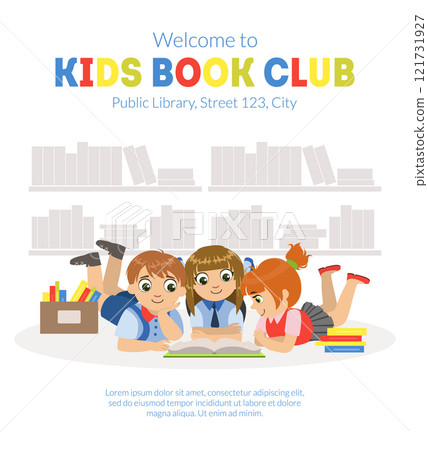 Kids Book Club Banner Template with Place for Text, Cute Little Boys and Girls Reading Books Together Vector Illustration Kids Book Club Banner Template with Place for Text, Cute Little Boys and Girls Reading Books Together Vector Illustration 121731927
