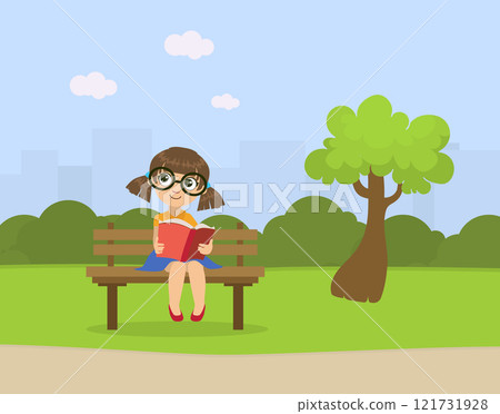 Cute Little Girl Sitting on Bench in Park and Reading Book Vector Illustration Cute Little Girl Sitting on Bench in Park and Reading Book Vector Illustration 121731928