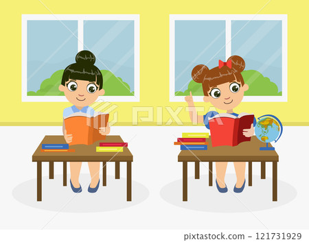 Cute Little Girls Sitting at Desk and Reading Books During Lesson, Preschool Students Studying at School Vector Illustration Cute Little Girls Sitting at Desk and Reading Books During Lesson, Preschool Students Studying at School Vector Illustration 121731929