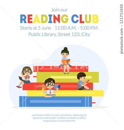 Reading Club Banner Template, Cute Little Boys and Girls Sitting and Reading on Giant Stack of Books Vector Illustration Reading Club Banner Template, Cute Little Boys and Girls Sitting and Reading on Giant Stack of Books Vector Illustration 121731930