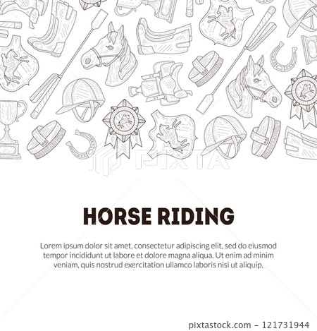 Horse Riding Banner Template with Place for Text and Horseback Equipment, Horse School Riding Lessons, Equestrian Club, Monochrome Hand Drawn Vector Illustration Horse Riding Banner Template with Place for Text and Horseback Equipment, Horse School Riding Lessons, Equestrian Club, Monochrome Hand Drawn Vector Illustration 121731944