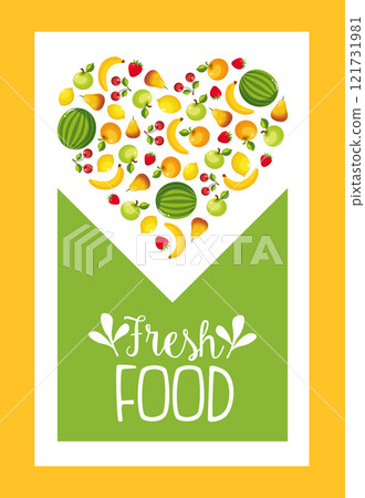 Fresh Farm Food Banner Template with Fruits Pattern in Shape of Heart Vector Illustration 121731981