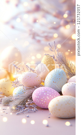 Colored speckled Easter eggs on festive vertical backdrop with bokeh lights 121732057