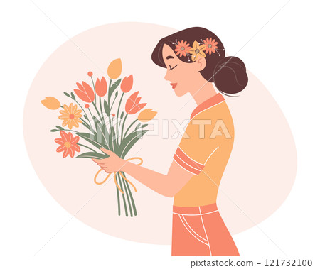Woman with a bouquet of spring flowers. Mothers Day or womens Day concept. Holiday illustration in flat style. 121732100