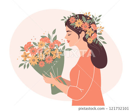 Woman with a bouquet of spring flowers. Mothers Day or womens Day concept. Holiday illustration in flat style. Woman with a bouquet of spring flowers. Mothers Day or womens Day concept. Holiday illustration in flat style. 121732101