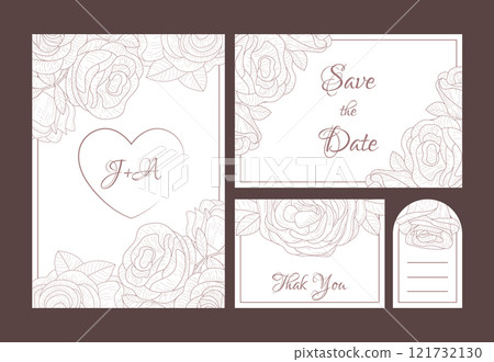 Save the Date Elegant Wedding Invitation Templates Set, Thank You, Rsvp Floral Cards with Hand Drawn Flowers, Frame with Space for Text Vector Illustration 121732130