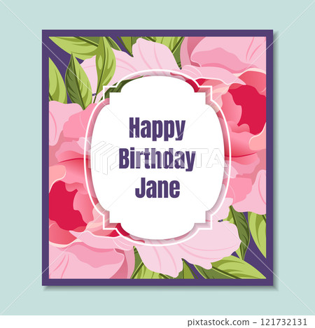 Happy Birthday Holiday Card Template with Elegant Pink Peony Flowers, Frame with Space for Text Vector Illustration 121732131