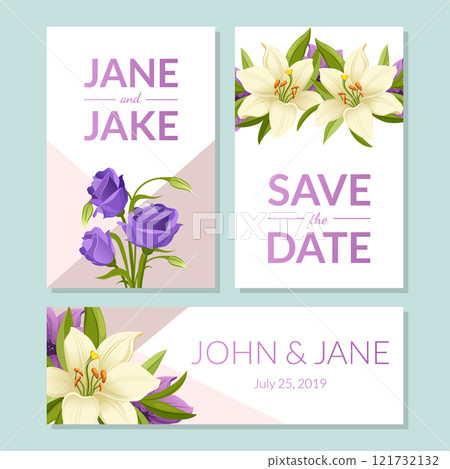 Save the Date, Wedding Invitation Templates Set, Floral Card with Beautiful Elegant Flowers, Frame with Space for Text Vector Illustration 121732132