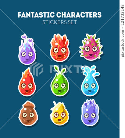 Fantastic Characters Stickers Set, Cute Funny Fantasy Colorful Creatures Vector Illustration Fantastic Characters Stickers Set, Cute Funny Fantasy Colorful Creatures Vector Illustration 121732148