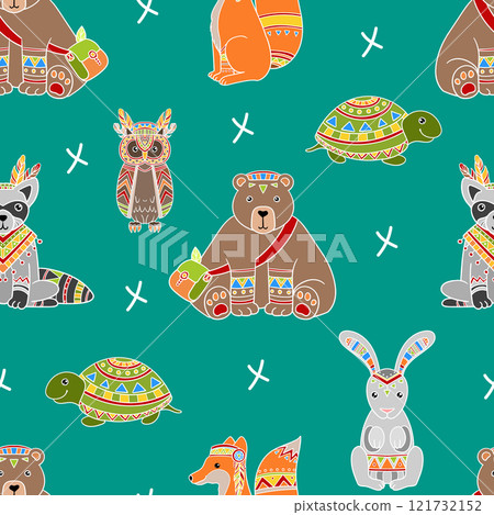 Cute Wild Ethnic Patterned Animals Seamless Pattern, Design Element Can Be Used for Fabric, Wallpaper, Background Vector Illustration 121732152