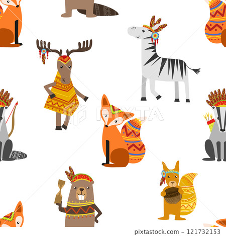 Cute Wild Ethnic Animals Seamless Pattern, Design Element Can Be Used for Fabric, Wallpaper, Packaging Vector Illustration 121732153