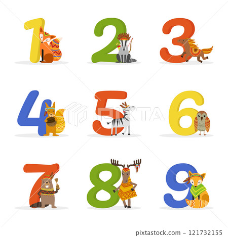 Cute Wild Ethnic Animals and Numbers, Birthday Anniversary Numbers Vector Illustration Cute Wild Ethnic Animals and Numbers, Birthday Anniversary Numbers Vector Illustration 121732155
