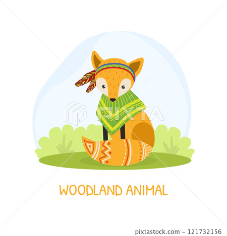 Woodland Animal Banner Template with Cute Ethnic Fox Animal Vector Illustration 121732156