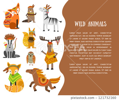 Wild Animals Banner Template with Place for Text and Cute Ethnic Animals, Fox, Beaver, Zebra, Raccoon, Squirrel, Owl Bird, Deer, Horse, Vector Illustration 121732160