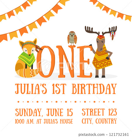 Birthday Invitation Card Template, Celebration Banner with Number One, Place for Text and Cute Wild Ethnic Animals Vector Illustration 121732161