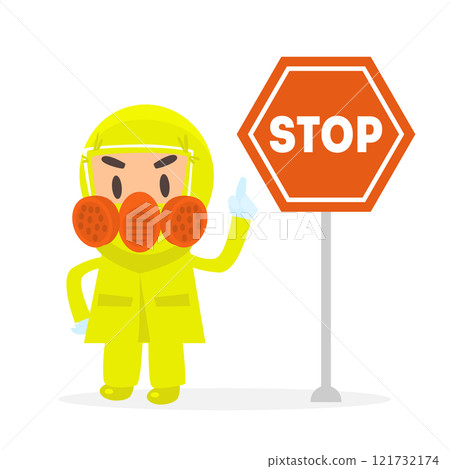 Man in Yellow Protective Costume and Gas Mask Standing with Red Stop Sign Vector Illustration 121732174