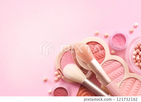 Varieties of blushes, blushers and rouges, beauty decorative cosmetics with brushes, selective focus 121732182