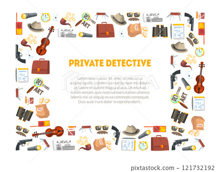 Private Detective Banner Template, Investigators Equipment and Accessories Frame with Place for Text, Professional Surveillance Work Vector Illustration 121732192