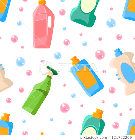 Household Detergents Seamless Pattern, Household Cleaning Supplies, Design Element Can Be Used for Fabric, Wallpaper, Packaging Vector Illustration 121732209