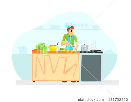 Cheerful Chef Cooking Vegetables in Kitchen Vector Illustration 121732220