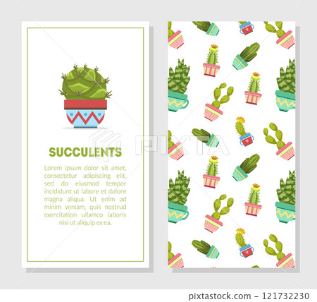 Succulents Card Template with Place for Text, Cactuses in Flower Pots Seamless Pattern, Design Element for Banner, Invitation, Voucher, Flyer, Coupon Vector Illustration 121732230