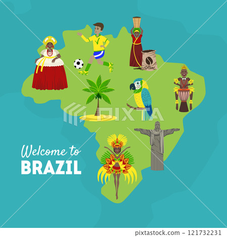 Travel to Brazil, Map of Brazil with Cultural Symbols. Design Element Can be Used as Tourist Poster, Leaflet Vector Illustration 121732231