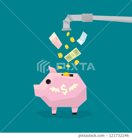 Money Flowing From Water Pipe to Piggy Bank, Banking Investment Concept Vector Illustration 121732246