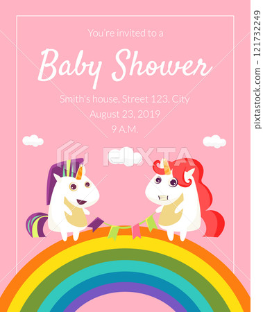 Baby Shower Invitation Template, Cute Card with with Lovely Unicorn, Rainbow and Place For Text Vector Illustration 121732249