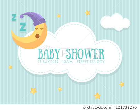 Baby Shower Invitation Template, Cute Card with Sleeping Moon, Cloud and Place For Text Vector Illustration 121732250