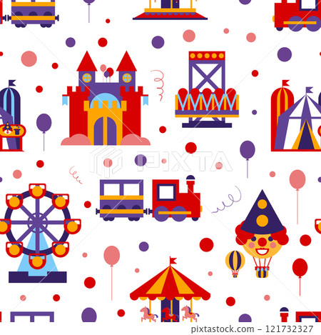 Amusement Park Seamless Pattern, Childish Style Design Element Can Be Used for Fabric, Wallpaper, Packaging Vector Illustration 121732327