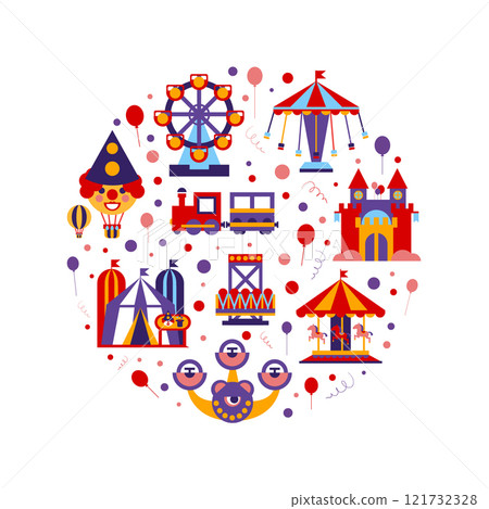 Amusement Park of Round Shape, Childish Style Design Element Can Be Used for Fabric, Wallpaper Vector Illustration Amusement Park of Round Shape, Childish Style Design Element Can Be Used for Fabric, Wallpaper Vector Illustration 121732328