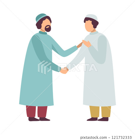Muslim Men in Traditional Clothing Greeting Each Other and Shaking Hands as They Celebrating Eid Al Adha Islamic Holiday Vector Illustration 121732333