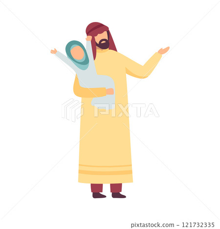 Muslim Father in Traditional Clothing Holding Daughter on His Hands Vector Illustration 121732335