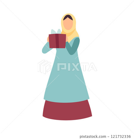 Muslim Woman in Traditional Clothes Holding Gift Boxes on Occasion of Eid Al Adha Islamic Holiday Celebration Vector Illustration 121732336