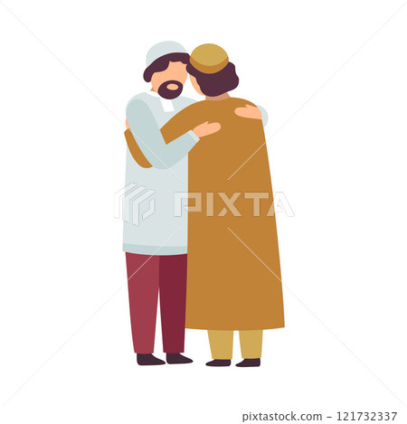 Muslim Men Hugging Each Other as They Celebrating Eid Al Adha Islamic Holiday Vector Illustration 121732337