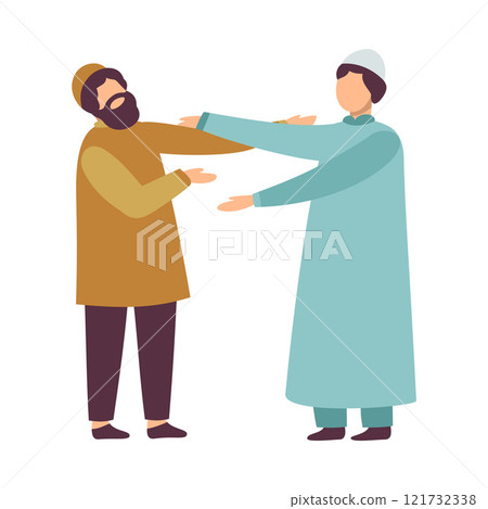 Muslim Men in Traditional Clothing Greeting Each Other as They Celebrating Eid Al Adha Islamic Holiday Vector Illustration 121732338