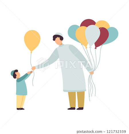 Muslim Father and His Son, Happy Arab Family in Traditional Clothes Vector Illustration on White Background. Muslim Father and His Son, Happy Arab Family in Traditional Clothes Vector Illustration on White Background. 121732339