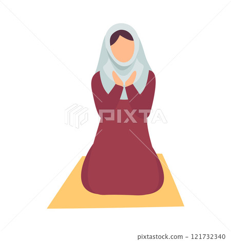 Muslim Woman in Hijab Praying on Her Knees, Eid Al Adha Muslim Holy Islamic Holiday Vector Illustration 121732340