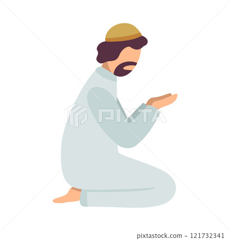 Muslim Man Praying on His Knees, Man Communicating with God, Eid Al Adha Islamic Holiday Vector Illustration Muslim Man Praying on His Knees, Man Communicating with God, Eid Al Adha Islamic Holiday Vector Illustration 121732341