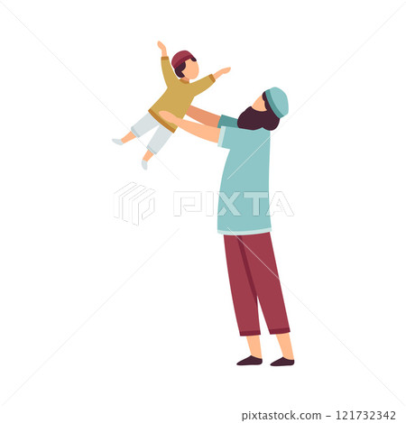 Happy Muslim Father Playing with His Little Son Celebrating Eid Al Adha Islamic Holiday Vector Illustration 121732342