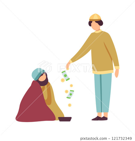 Muslim Man Giving Money to Homeless Celebrating Eid Al Adha Muslim Holy Islamic Holiday Vector Illustration 121732349