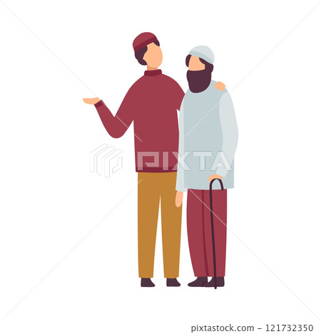 Muslim Men Greeting and Hugging Each Other as They Celebrating Eid Al Adha Islamic Holiday Vector Illustration Muslim Men Greeting and Hugging Each Other as They Celebrating Eid Al Adha Islamic Holiday Vector Illustration 121732350