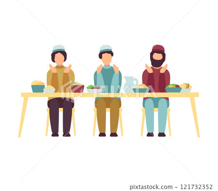 Muslim Men Eating Together During Eid Al Adha Muslim Holy Islamic Holiday Vector Illustration Muslim Men Eating Together During Eid Al Adha Muslim Holy Islamic Holiday Vector Illustration 121732352