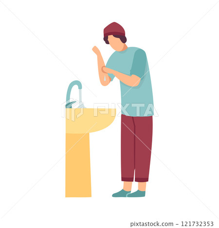 Muslim Man Washing Hands Preparing Wudhu For Prayer In Mosque Vector Illustration 121732353