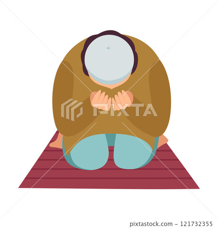 Muslim Man Praying on His Knees, Man Communicating with God, Eid Al Adha Islamic Holiday , Front View Vector Illustration Muslim Man Praying on His Knees, Man Communicating with God, Eid Al Adha Islamic Holiday , Front View Vector Illustration 121732355