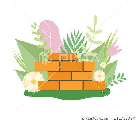 Brick Wall Surrounded Blooming Flowers and Leaves in Spring or Summer Season Vector Illustration Brick Wall Surrounded Blooming Flowers and Leaves in Spring or Summer Season Vector Illustration 121732357