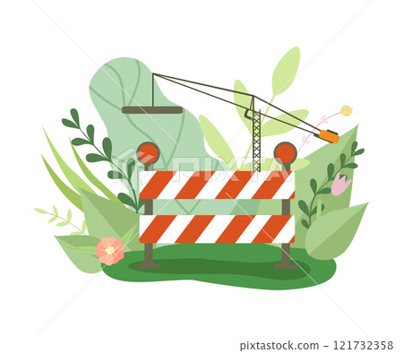 Under Construction Barrier and Crane in Blooming Flowers and Leaves in Spring or Summer Season Vector Illustration Under Construction Barrier and Crane in Blooming Flowers and Leaves in Spring or Summer Season Vector Illustration 121732358