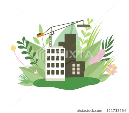 Multi Storey House in Construction Process, House under Construction and Crane in Spring or Summer Season with Blooming Flowers and Leaves Vector Illustration 121732364