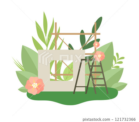 Process of Building House, Construction Panel and Ladder in Spring or Summer Season with Blooming Flowers and Leaves Vector Illustration 121732366